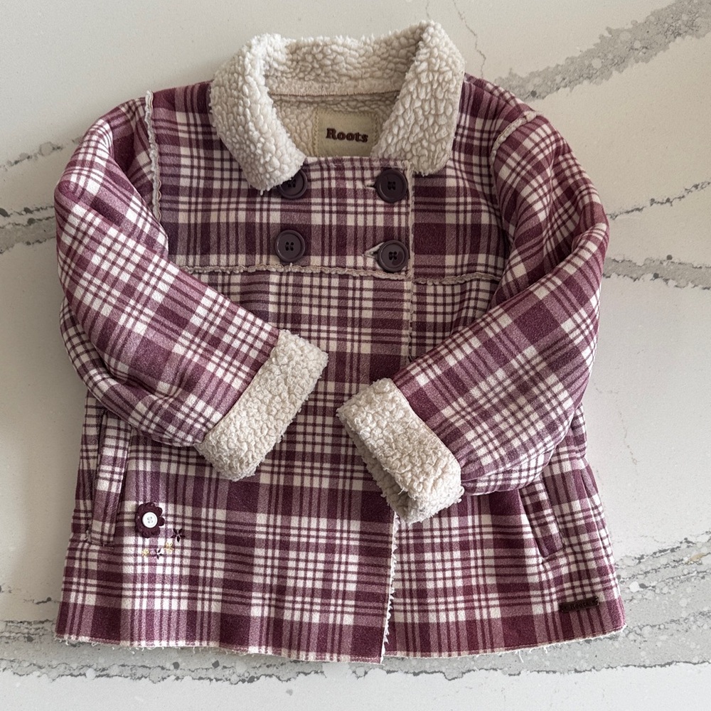 Roots Kids Checkered Pea Coat - Burgundy and Cream